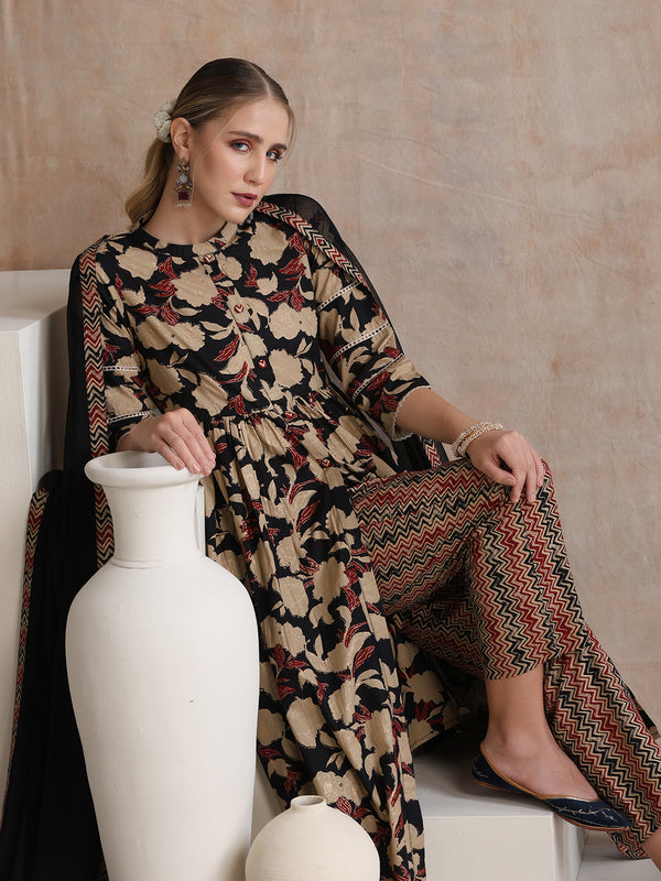 Floral Printed Mandarin Collar Pure Cotton Anarkali Kurta & Palazzos And Dupatta