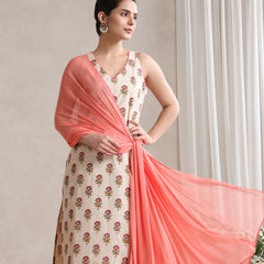 Women Cream & Peach Floral Printed Kurta Palazzo Set