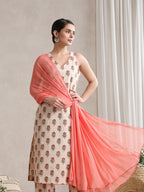 Women Cream & Peach Floral Printed Kurta Palazzo Set