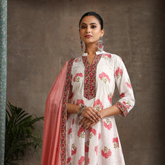 Floral Printed Mandarin Collar Pure Cotton A-Line Kurta With Palazzos & Dupatta