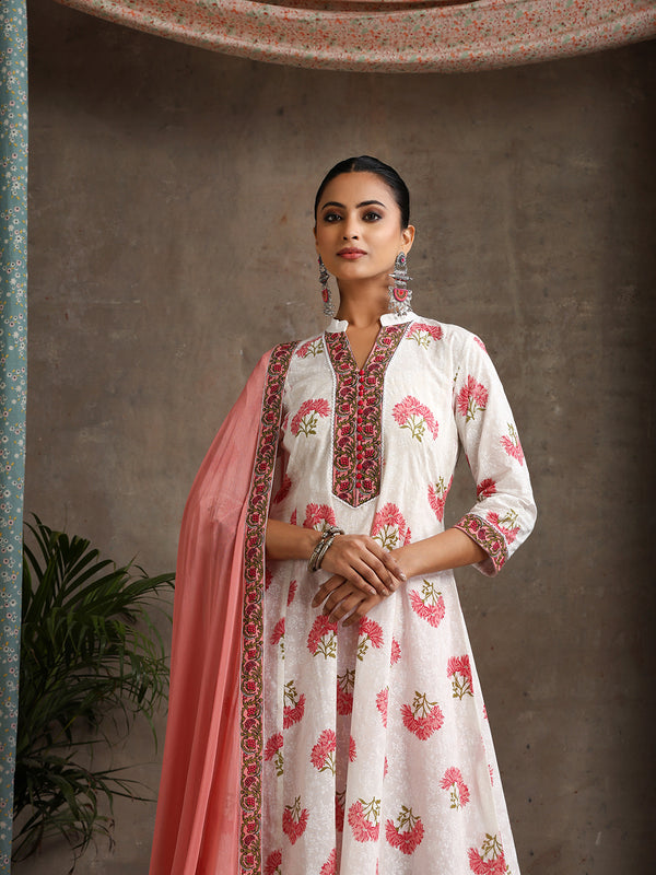 Floral Printed Mandarin Collar Pure Cotton A-Line Kurta With Palazzos & Dupatta