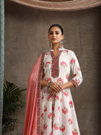 Floral Printed Mandarin Collar Pure Cotton A-Line Kurta With Palazzos & Dupatta