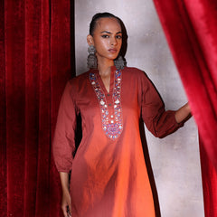 Khushal K Women Cotton kurta and Farsi salwar set - Rust