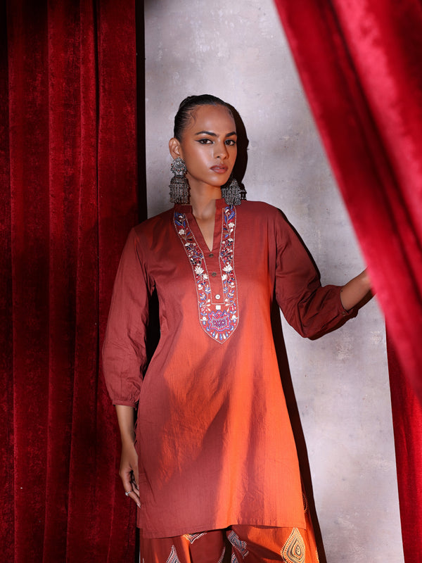 Khushal K Women Cotton kurta and Farsi salwar set - Rust