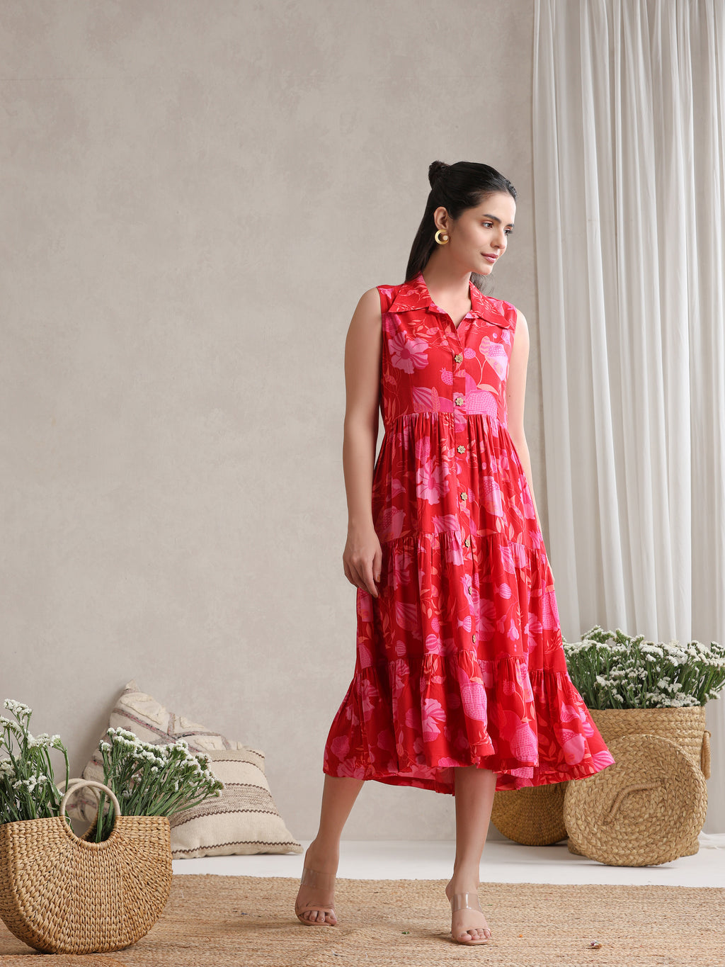 Women Floral Print A-Line Midi Dress