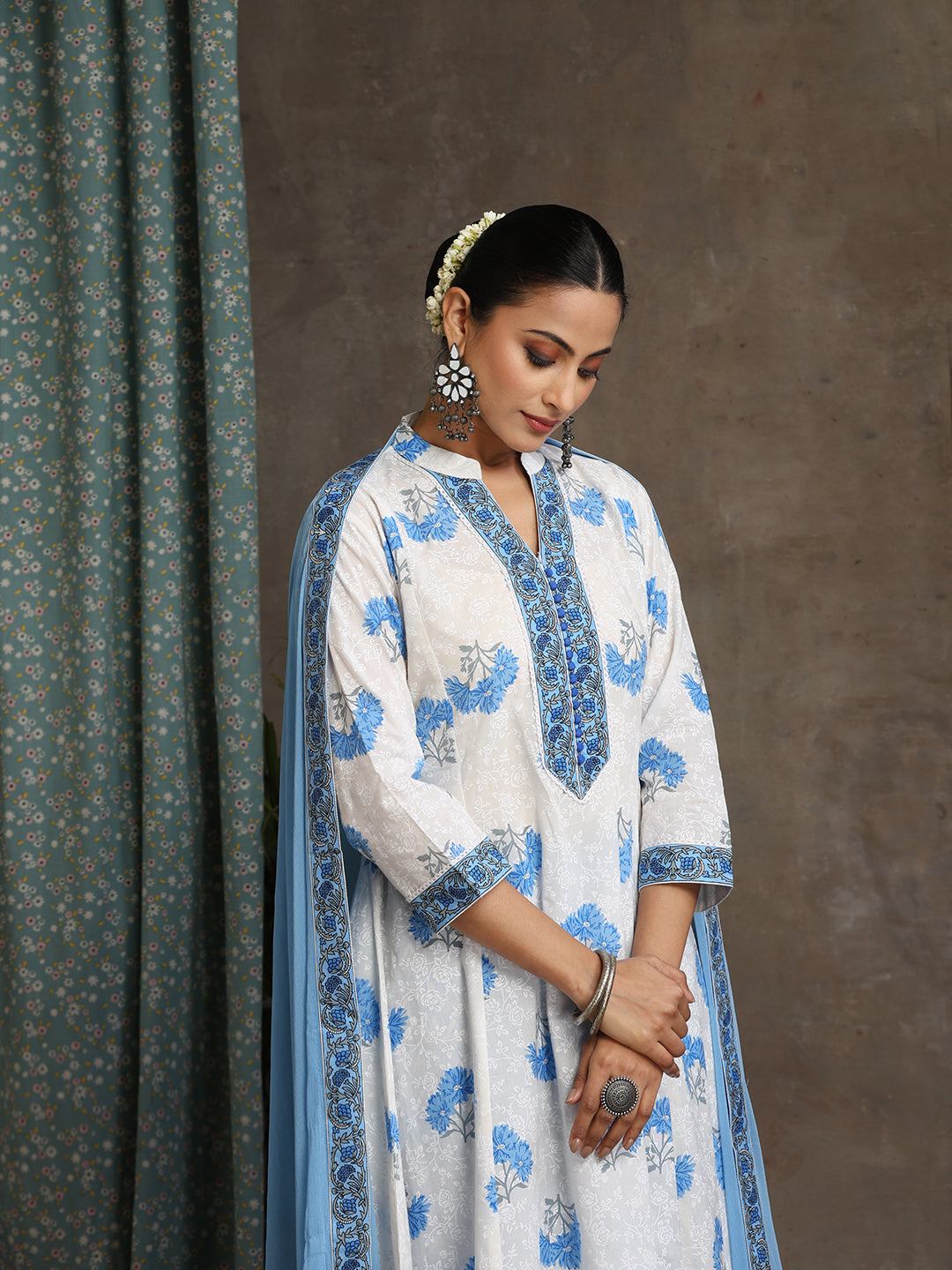 Floral Printed Pure Cotton A-Line Kurta With Palazzos And Dupatta