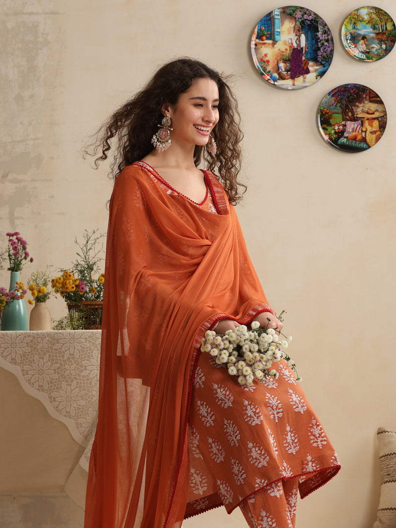 Khushal K Women Floral Printed Regular Pure Cotton Pink Kurta & Palazzo With Dupatta