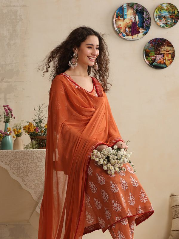 Khushal K Women Floral Printed Regular Pure Cotton Pink Kurta & Palazzo With Dupatta