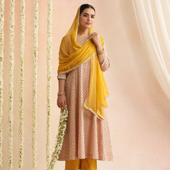 Off-White Block Print Kurta Set with Sunshine Yellow Dupatta