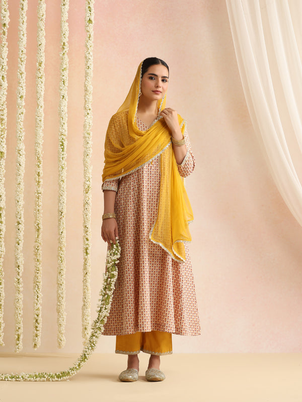 Off-White Block Print Kurta Set with Sunshine Yellow Dupatta