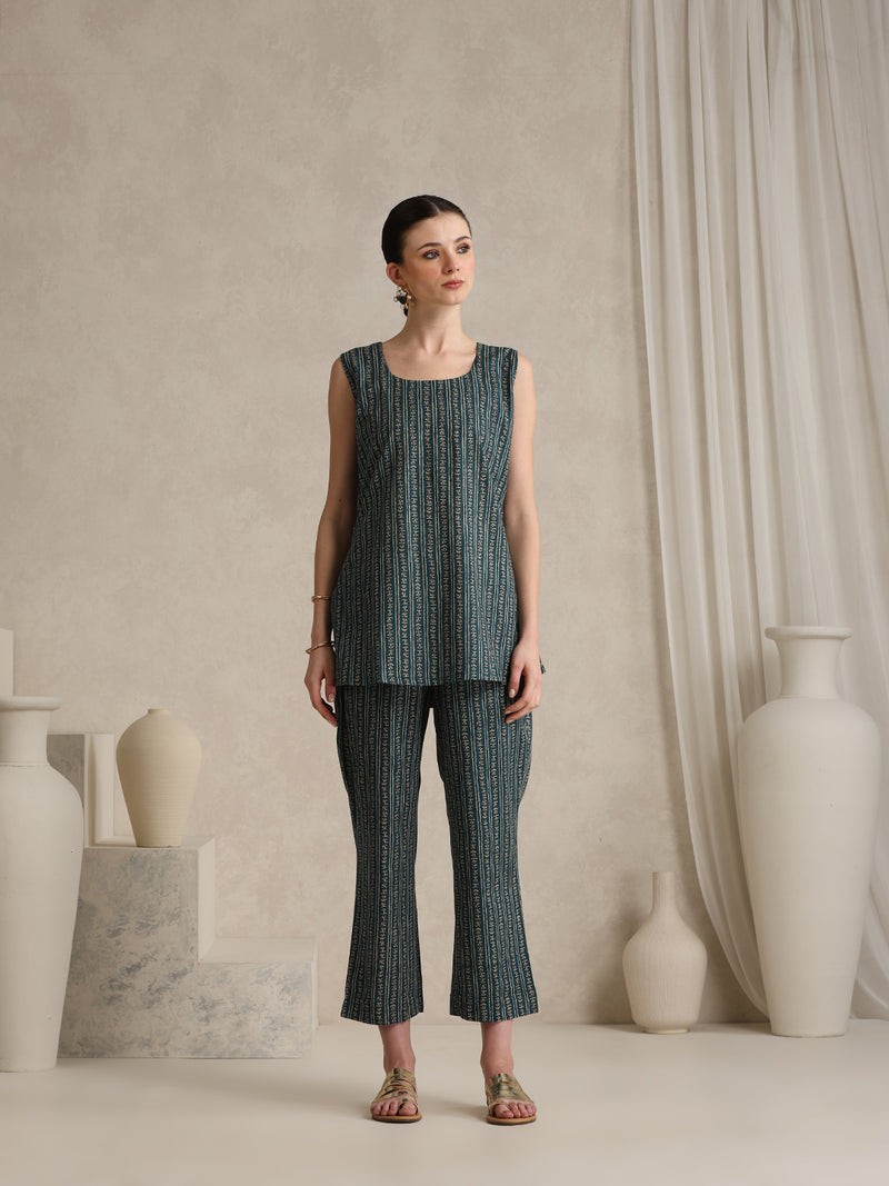 Teal Handblock Printed Cotton Blend Cord Set with Jacket