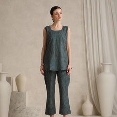 Teal Handblock Printed Cotton Blend Cord Set with Jacket