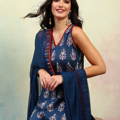 Ethnic Motifs Printed V-Neck Sleeveless Pure Cotton Kurta with Palazzo & Dupatta