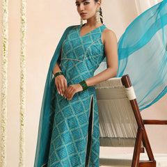 Turquoise & White Bandhani-Style Kurta Set
