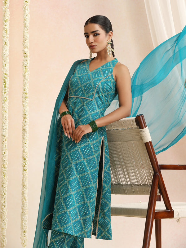 Turquoise & White Bandhani-Style Kurta Set