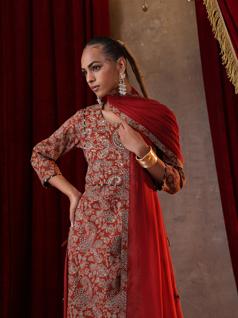 Khushal K Women Cotton kurta and palazzo with dupatta set - Rust