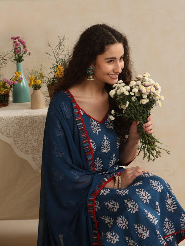 Khushal K Women Floral Printed Regular Pure Cotton Blue Kurta & Palazzo With Dupatta