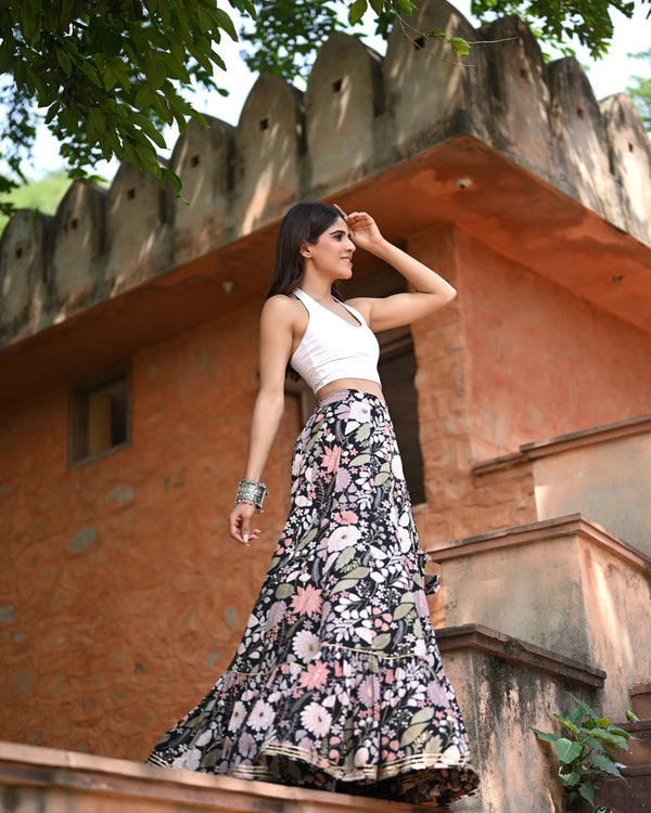 Khushal K Women's Black Printed Cotton Flared Maxi Skirt