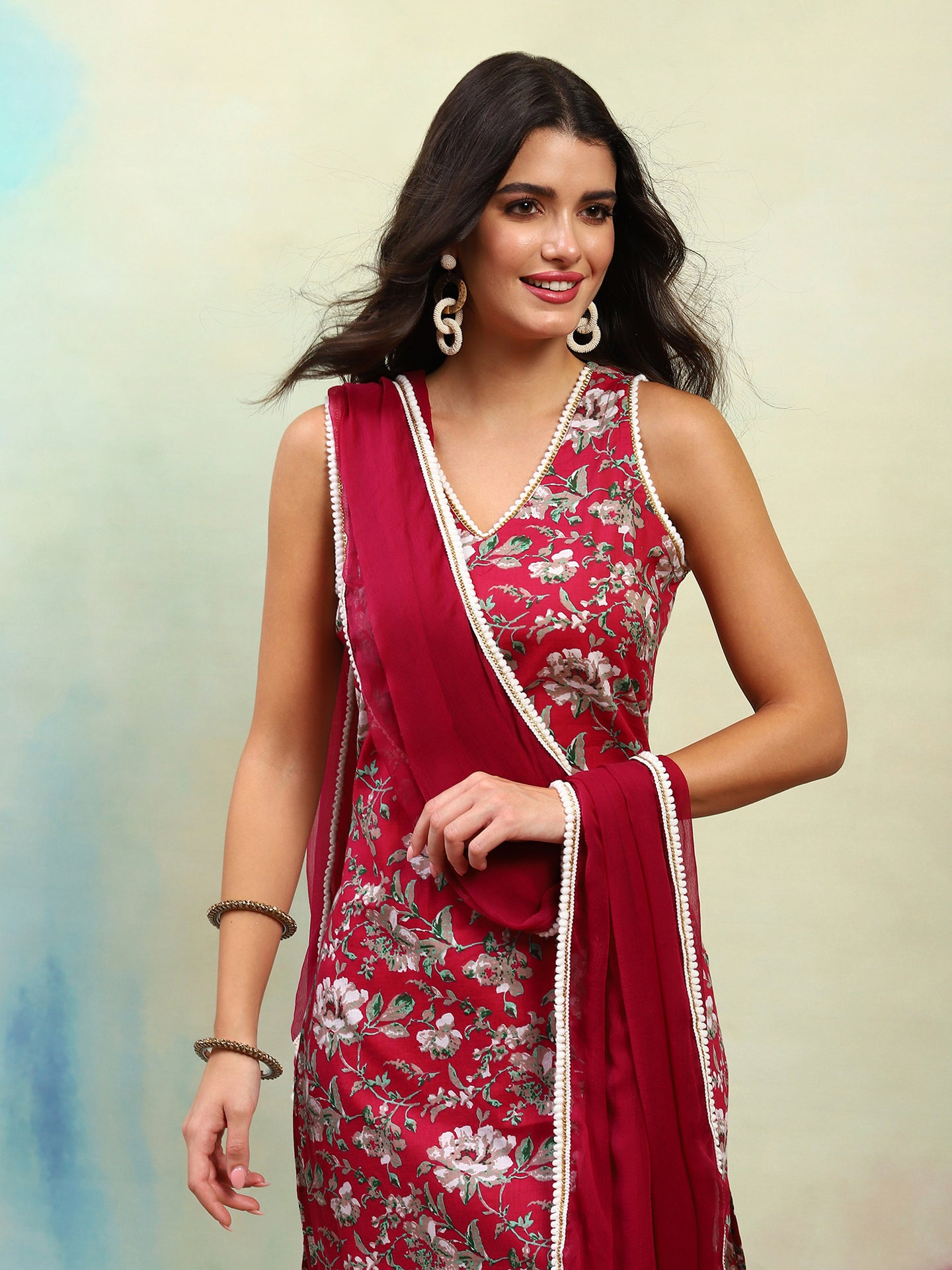 Floral Printed Regular Pure Cotton Straight Kurta with Palazzos & Dupatta