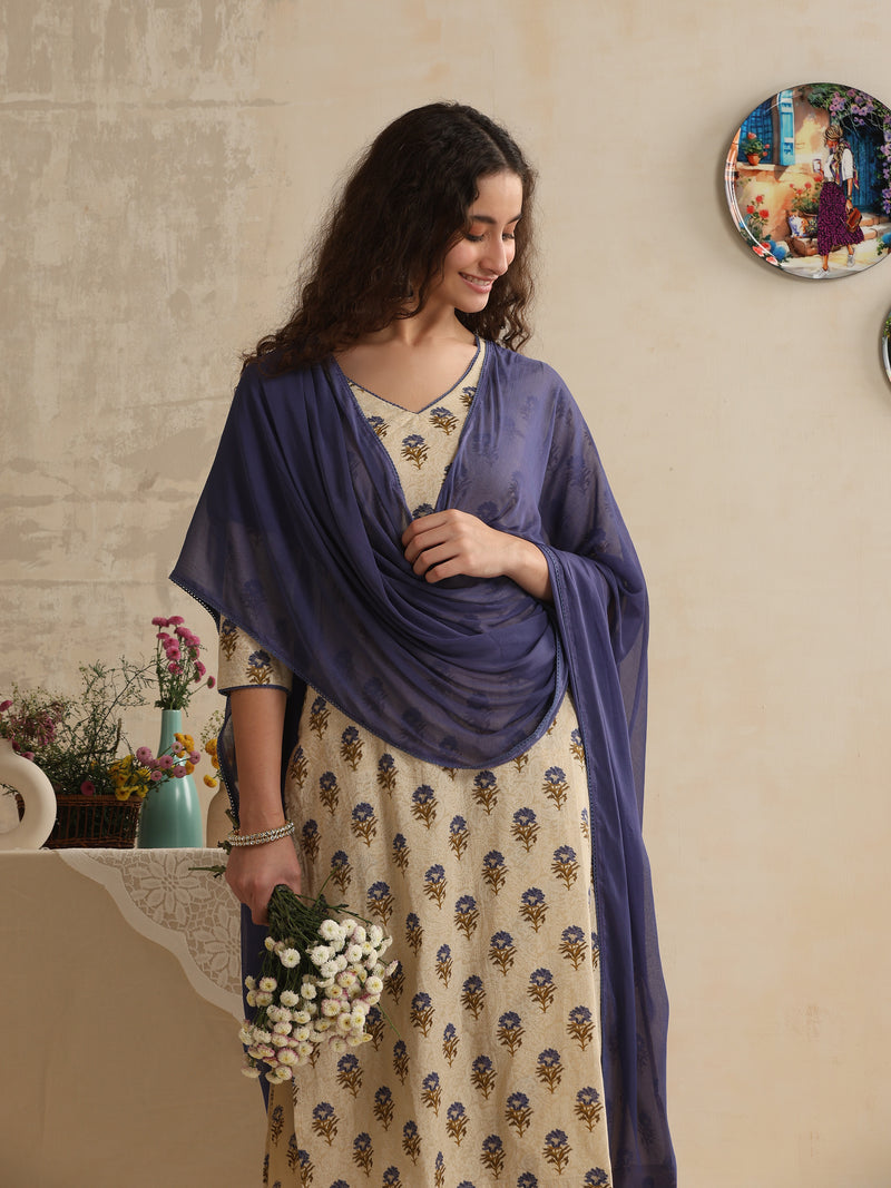 Khushal K Women Floral Printed Regular Pure Cotton Cream Kurta & Palazzo With Dupatta