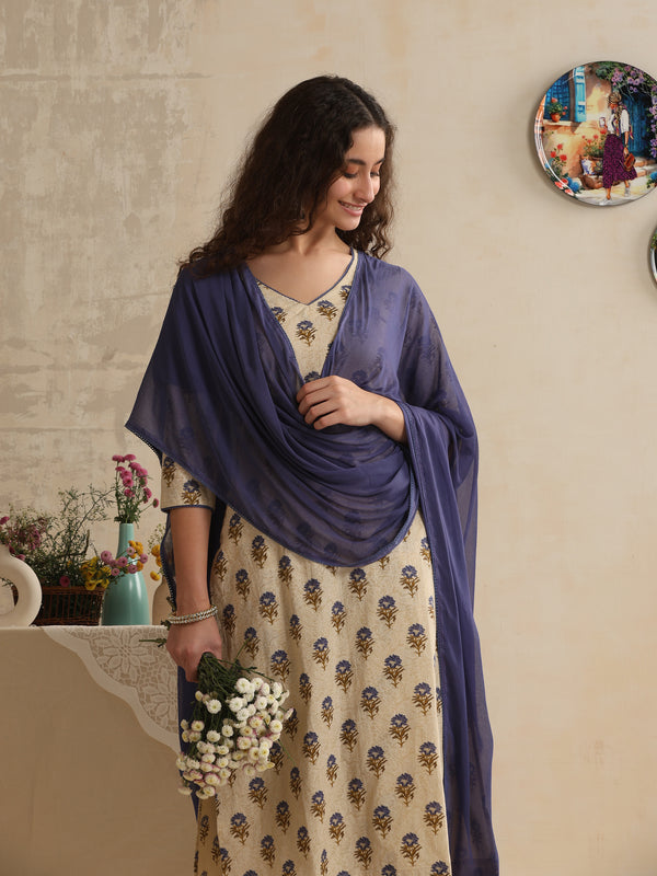 Khushal K Women Floral Printed Regular Pure Cotton Cream Kurta & Palazzo With Dupatta
