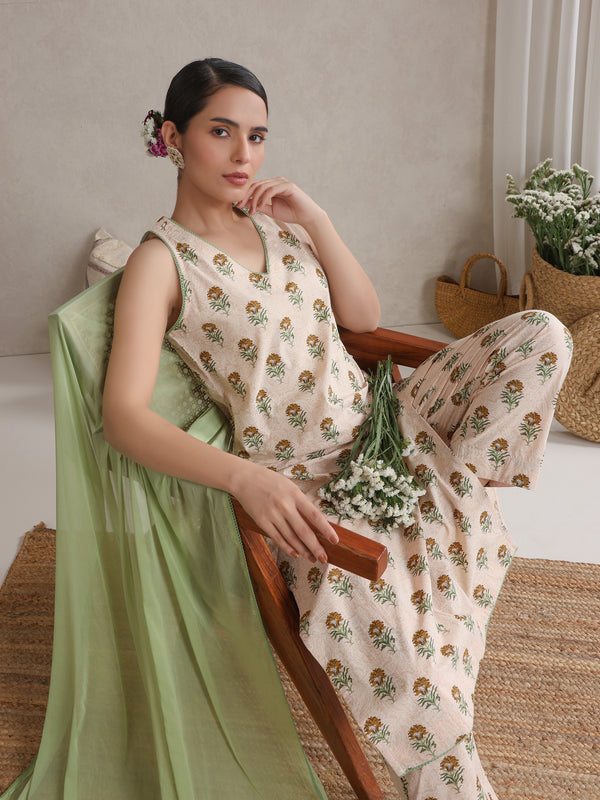 Khushal K Floral Printed V-Neck Pure Cotton Kurta set