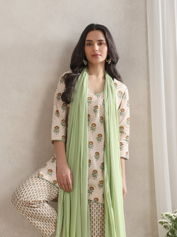 Floral Printed V-Neck Pure Cotton Kurta with Palazzos & With Dupatta