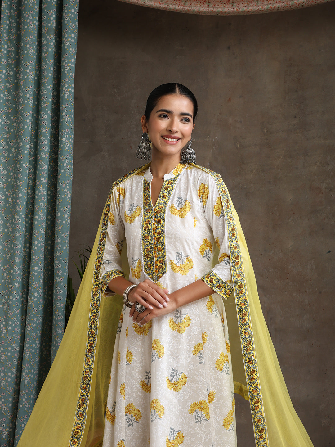 Floral Printed Pure Cotton Straight Kurta With Palazzos And Dupatta