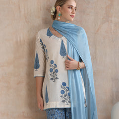 Floral Printed V-Neck Pure Cotton Straight Kurti with Trousers & With Dupatta