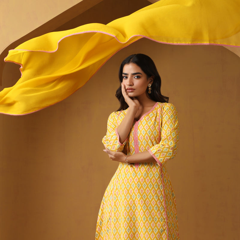 Women Printed Regular Aline Calf Length Kurta Set - Yellow - Khushal K - Image 4