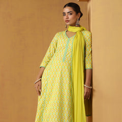Geometric Printed Pure Cotton Straight Kurta With Palazzo And Dupatta