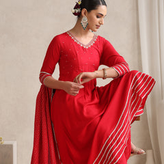 Khushal K  Red v-Neck Anarkali Rayon Kurta kurta set