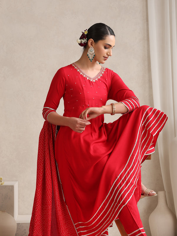 Khushal K  Red v-Neck Anarkali Rayon Kurta kurta set