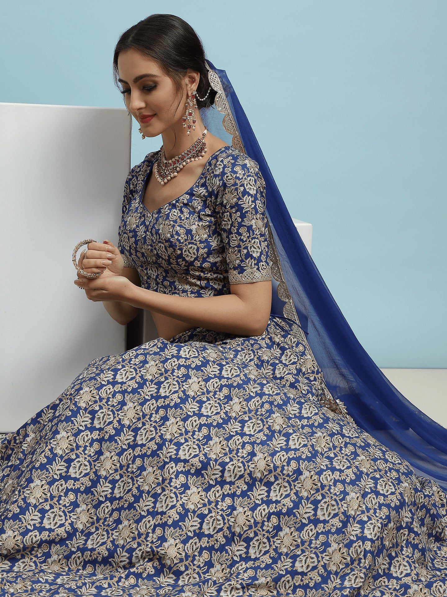 Printed V-Neck Ready to Wear Lehenga & Blouse With Dupatta