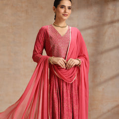 Rayon Anarkali Kurta Set featuring intricate  thread embroidery and a graceful, contrast Chiffon dupatta