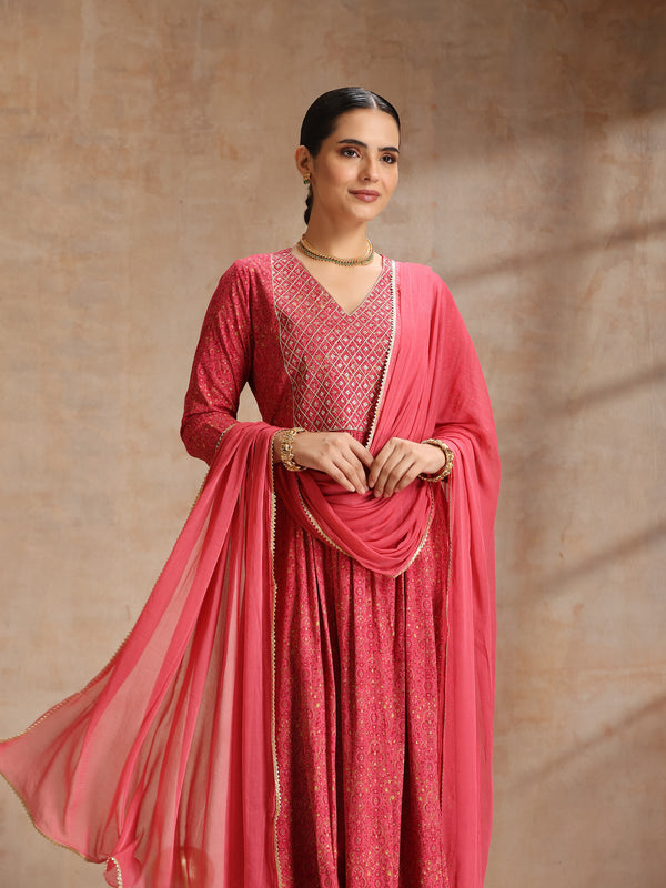 Rayon Anarkali Kurta Set featuring intricate  thread embroidery and a graceful, contrast Chiffon dupatta