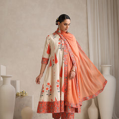 Women elegant White Anarkali Kurta with Coral Prints, Palazzos & Dupatta