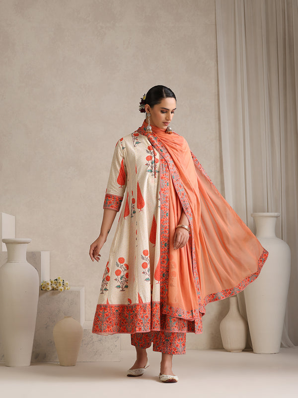 Women elegant White Anarkali Kurta with Coral Prints, Palazzos & Dupatta