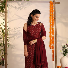 Khushal K Women Cotton kurta and palazzo with dupatta set - Maroon