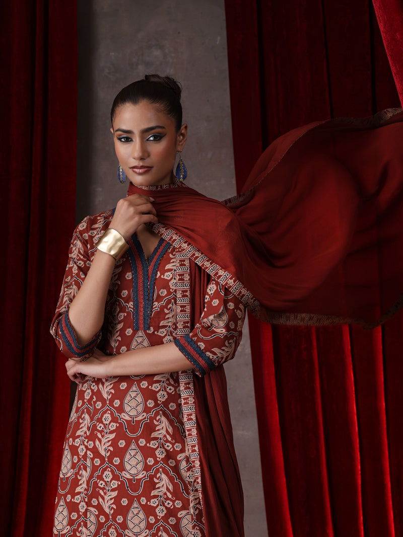 Khushal K Women Cotton kurta and palazzo with dupatta set - Rust
