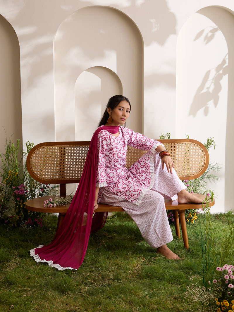 Khushal K Women Cotton Kurti And Farshi Salwar  With Dupatta Set - Maroon