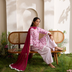 Khushal K Women Cotton Kurti And Farshi Salwar  With Dupatta Set - Maroon