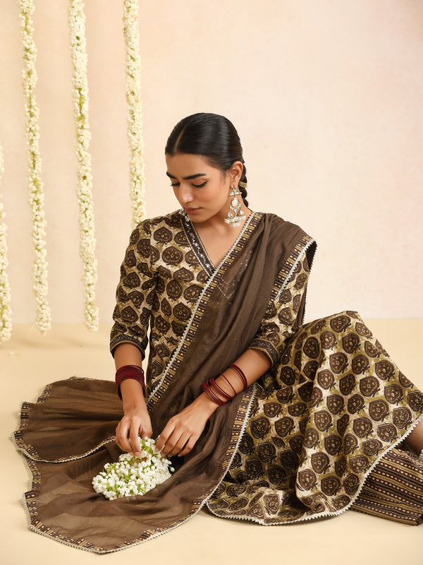 Women Ethnic Motifs Printed Pure Cotton Kurta & Trouser With Dupatta