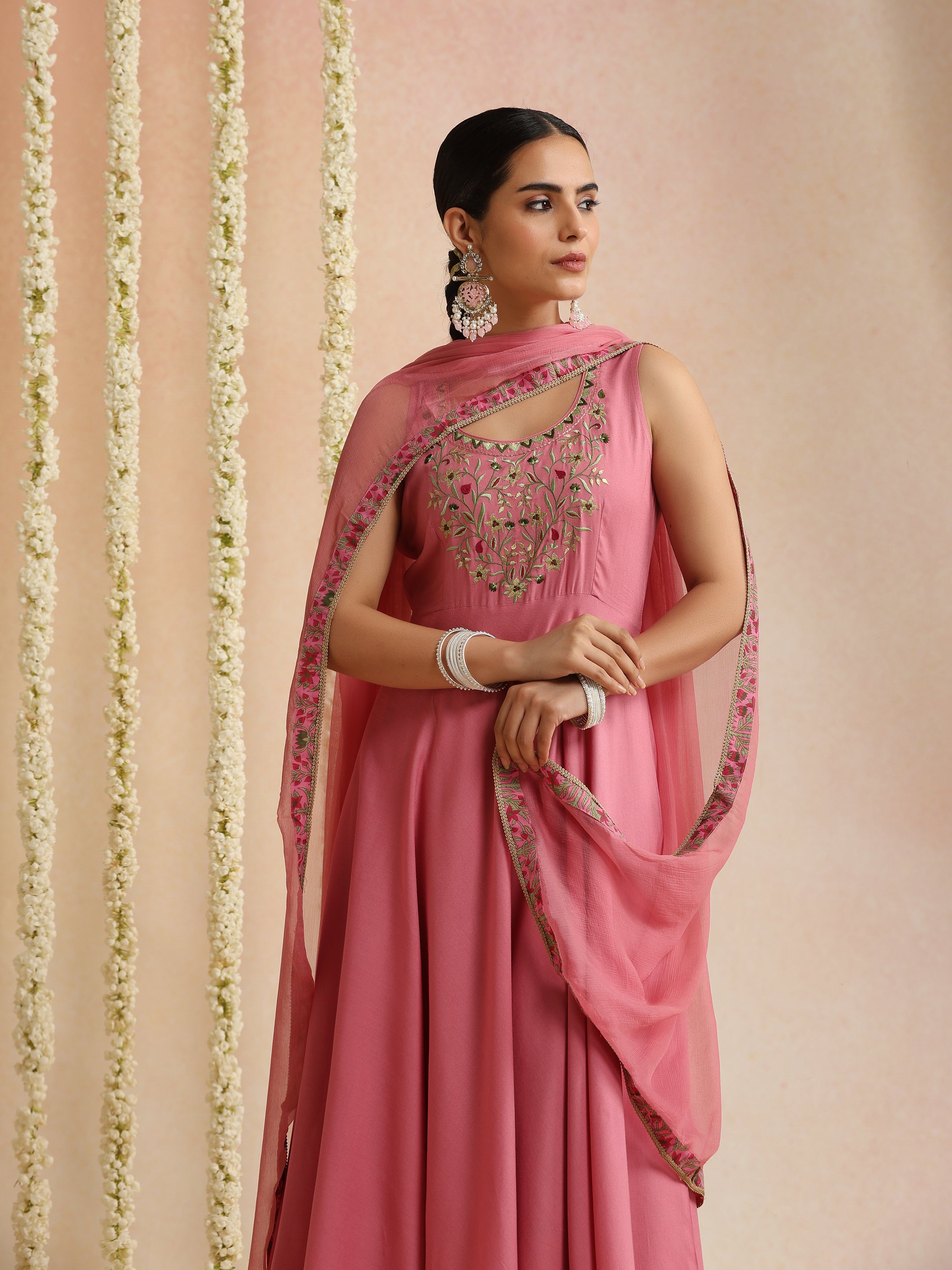 Pink embroidered Kurta with Palazzos with dupatta