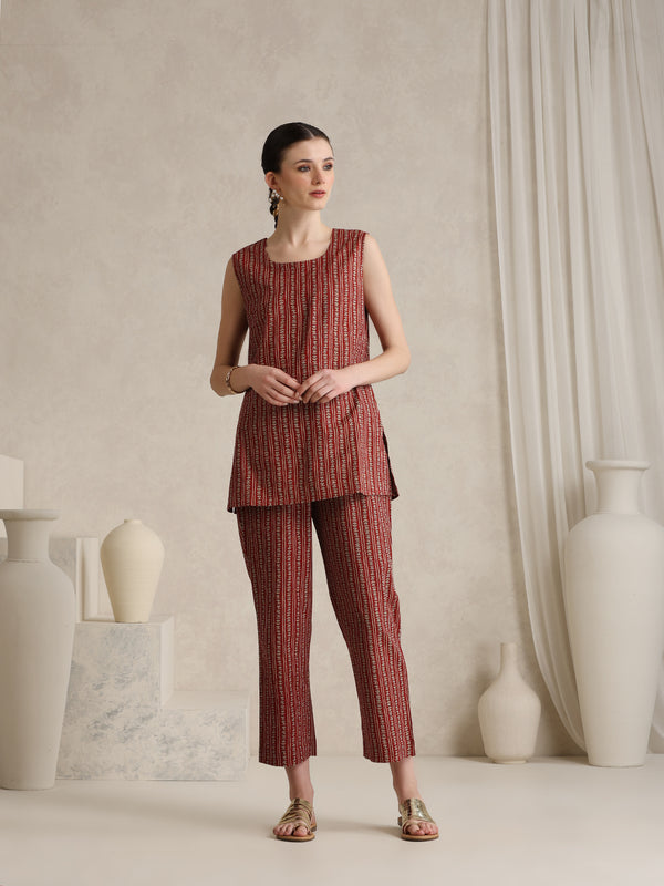 Rust Handblock Printed Cotton Co-ord Set with Jacket