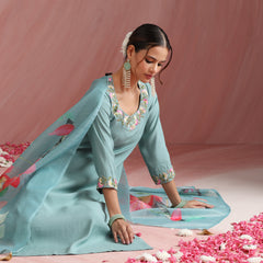 Khushal K Women Pure Silk turquoise blue Embroidered Kurta & Palazzo With Dupatta