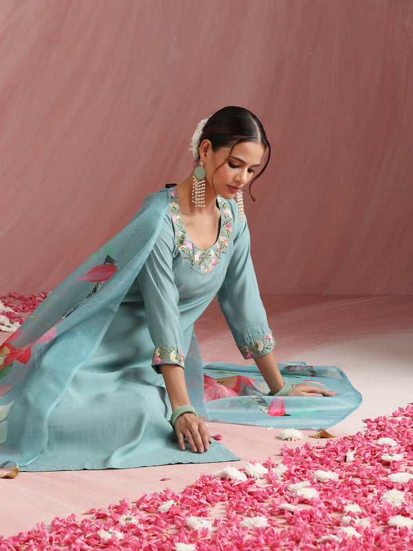 Khushal K Women Pure Silk turquoise blue Embroidered Kurta & Palazzo With Dupatta