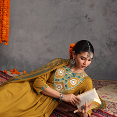 Khushal K Women Cotton Kurta Palazzo Dupatta Set - Mustard