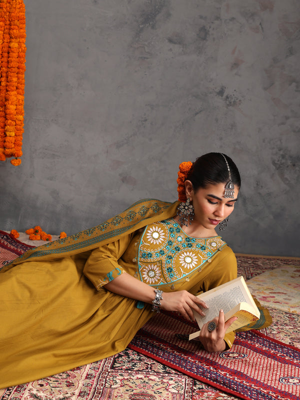 Khushal K Women Cotton Kurta Palazzo Dupatta Set - Mustard