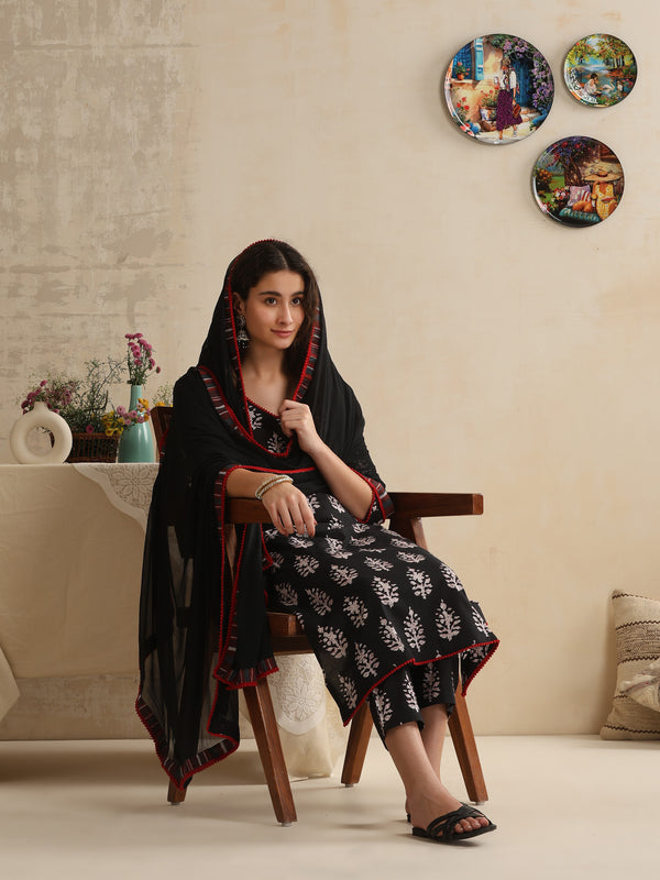 Khushal K Women Black Floral Printed Regular Pure Cotton Kurta & Palazzo With Dupatta